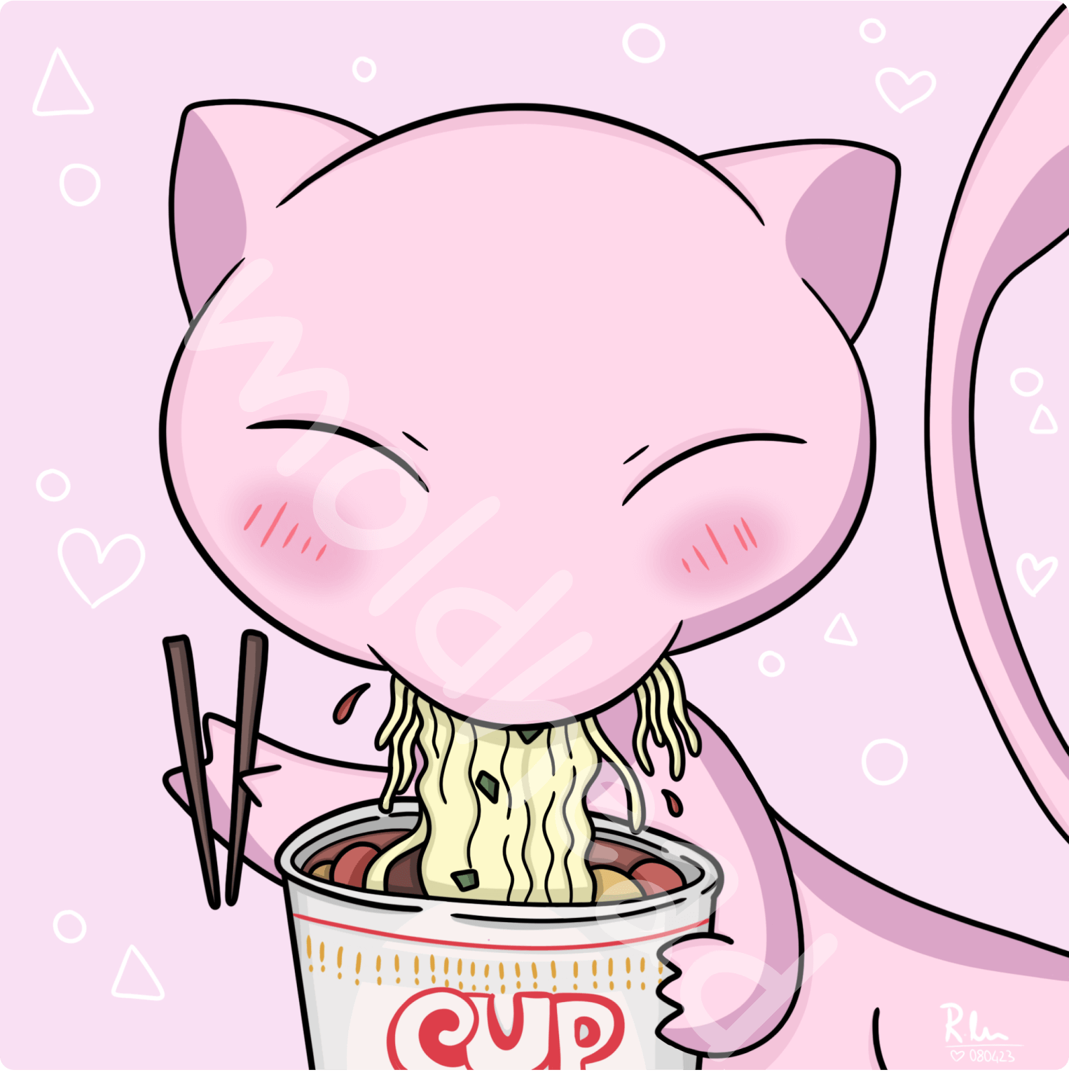 Mew from Pok&eacute;mon illustrated eating ramen, blending the iconic character with a cozy food scene.
